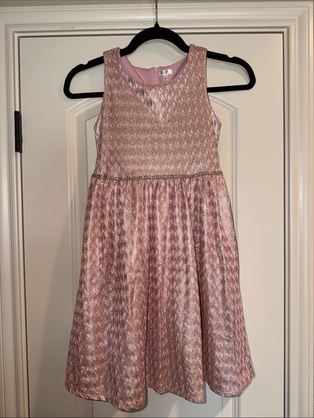 Girls’ Tahari Shimmery Pink and Gold Dress with Gold Waist Trim - Size 7